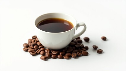 Fototapeta premium Coffee in a cup with coffee beans outside the cup and a white background.