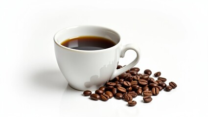 Fototapeta premium Coffee in a cup with coffee beans outside the cup and a white background.