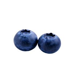 Obraz premium Two ripe blueberries, lying next to each other on a white background. Their juicy texture and deep blue shade symbolize freshness and health benefits.