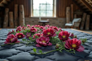 Fototapeta premium Red flowers arranged on dark quilted bedspread in rustic attic room with window view