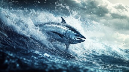 Fototapeta premium Tuna leaping, stormy sea, ocean, power
