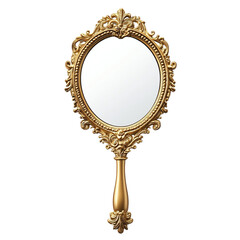 Vintage handheld mirror with ornate gold frame and reflective glass isolated on white transparent background