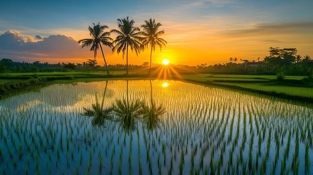 A tranquil rice field reflecting the setting sun, with palm trees in the distance