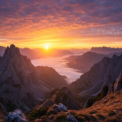 Naklejka premium Majestic Mountain Sunrise Over Fog-Filled Valley and Dramatic Sky