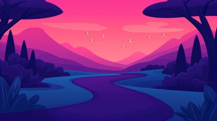 Serene Sunset Over Winding Path in Lush Mountains Digital Art Tranquil Environment Dreamy Viewpoint Nature Concept