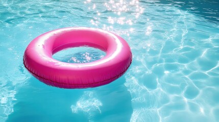 Bright inflatable ring drifting on sparkling blue pool water, highlighting summer leisure with vivid pink color and refreshing aquatic backdrop