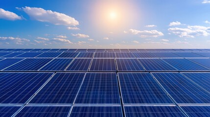 A vast array of solar panels reflects sunlight under a clear sky, emphasizing renewable energy and sustainability.