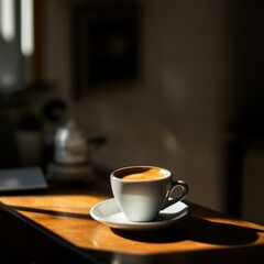 Morning Sunlight Bathes a Cup of Rich Espresso on a Wooden Table