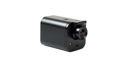 Sleek black dashboard camera against a pristine white backdrop in natural light