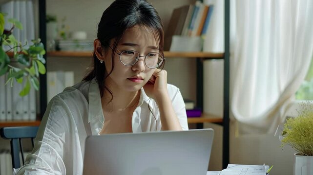 A woman is focused on her laptop in a sunlit home office, with papers scattered on the table and plants creating a serene atmosphere during a warm afternoon.