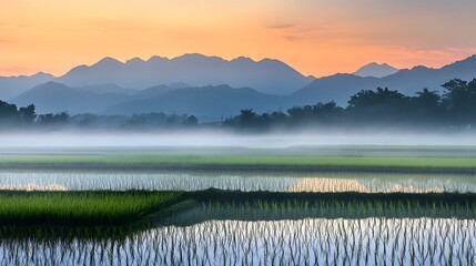 A rice field at dawn, with mist hovering above the water and distant mountains in the background