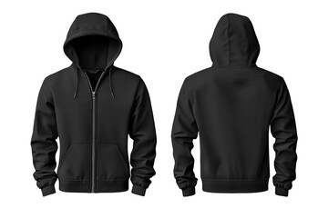 Black Hooded Sweatshirt Mockup for Apparel Design Featuring Front and Back Views with Realistic Detailing and Adjustable Drawstrings