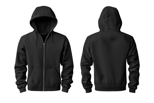 Black Hooded Sweatshirt Mockup for Apparel Design Featuring Front and Back Views with Realistic Detailing and Adjustable Drawstrings