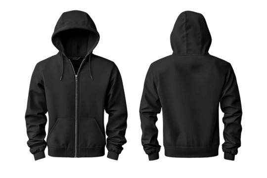 Black Hooded Sweatshirt Mockup for Apparel Design Featuring Front and Back Views with Realistic Detailing and Adjustable Drawstrings