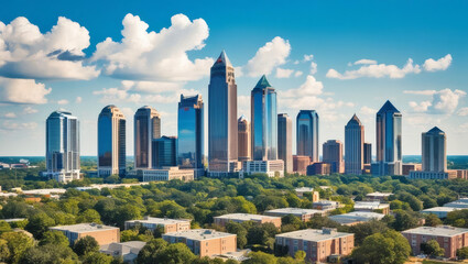 Fototapeta premium Dynamic cityscape under a bright sky with fluffy clouds, showcasing tall buildings.
