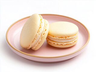 pale yellow macarons on a pink plate isolated on white background,premium blank yellow background poster banner cover wallpaper design with copy space	