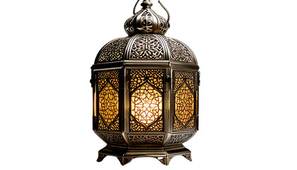 Firefly a digital illustration of intricately designed golden Arabic lantern hanging, glowing warmly isolated on transparent white background, PNG.