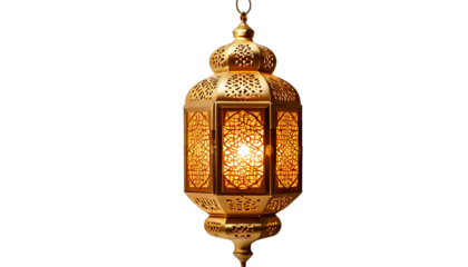 Firefly a digital illustration of intricately designed golden Arabic lantern hanging, glowing warmly isolated on transparent white background, PNG.