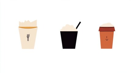 Minimalist Illustrations of Food Containers Featuring Takeout Box, Drink Cup, and Dessert Cup with Decorative Elements for Commercial Use