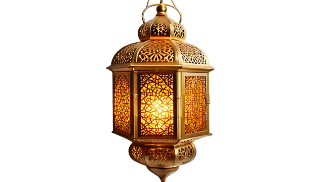 Firefly a digital illustration of intricately designed golden Arabic lantern hanging, glowing warmly isolated on transparent white background, PNG.