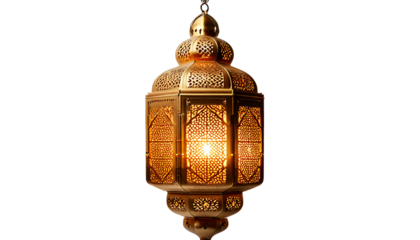 Firefly a digital illustration of intricately designed golden Arabic lantern hanging, glowing warmly isolated on transparent white background, PNG.