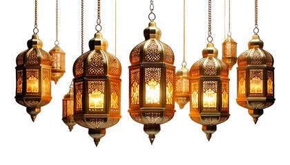 Obraz premium digital illustration of intricately designed golden Arabic lanterns hanging at different height isolated on transparent white background.