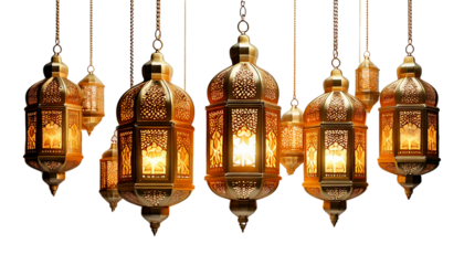 digital illustration of intricately designed golden Arabic lanterns hanging at different height isolated on transparent white background.