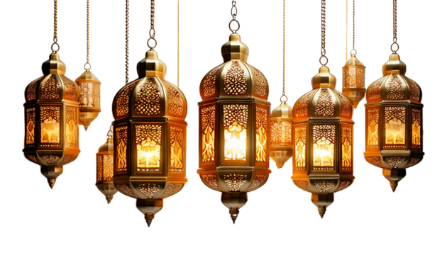 digital illustration of intricately designed golden Arabic lanterns hanging at different height isolated on transparent white background.