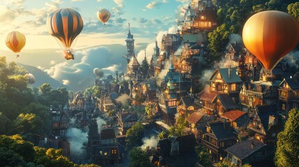 Obraz premium Fairytale Town Sunrise Hot Air Balloons