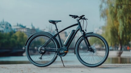 Fototapeta premium Modern Electric Bicycle in Urban Park Setting with Scenic Views of River and City in Background, Ideal for Eco-Friendly Transport and Outdoor Activities