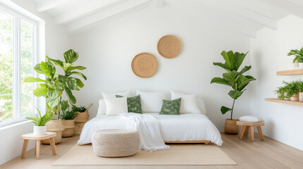 Cozy home interior with plants, natural lighting, and minimalist design. space feels inviting