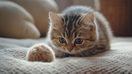 Curious tabby cat on cushion, gazing at a small toy, surrounded by soft textures and warm light.