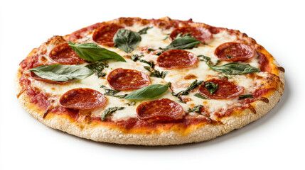 Crispy pizza topped with pepperoni and fresh basil, perfect for delicious meal