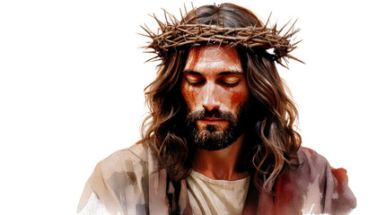 watercolor-style digital painting of Jesus Christ with a crown of thorns, solemnly gazing do isolated on transparent white background.