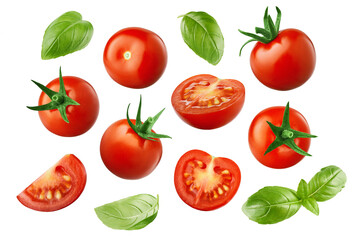 Cherry tomatoes with basil leaves isolated on white background