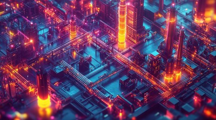 Fototapeta premium Neon Industrial Complex: A Futuristic Digital Refinery