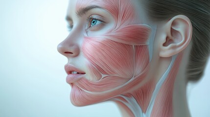 Detailed facial anatomy model exposing muscular structure beneath female skin, demonstrating intricate physiological details for medical learning