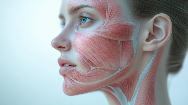 Detailed facial anatomy model exposing muscular structure beneath female skin, demonstrating intricate physiological details for medical learning