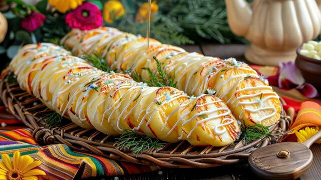 Layers of beautifully cooked potatoes are topped with creamy sauce and decorated with fresh herbs, perfect for a festive gathering