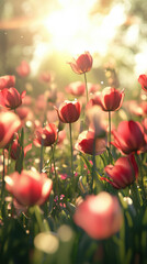 Obraz premium Field of Tulips in Morning Sunlight