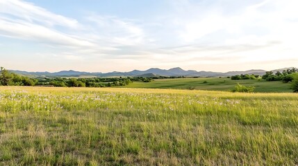 Expansive field of colorful flowers with majestic mountains in the distance under a clear sky