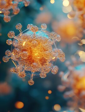 3D-rendered visualization of adeno-associated virus with semi-transparent capsid and glowing biofluid in macro photography