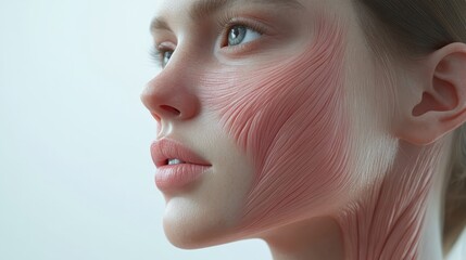 Detailed medical diagram revealing intricate facial muscle network of young female, displaying muscular connections driving facial movements and expressions