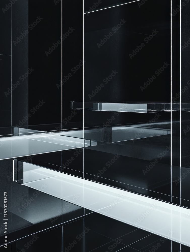 Aufkleber Abstract architecture displaying floating glass panels illuminated with soft light in a minimalist futuristic design concept
