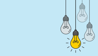 Hanging light bulbs with one glowing on white background. Concept of idea