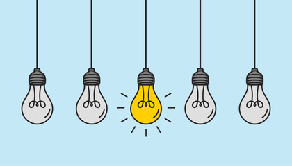 Naklejka premium Hanging light bulbs with one glowing on white background. Concept of idea