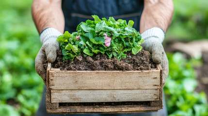Fresh greens in wooden crate held by gardener, showcasing sustainable farming practices