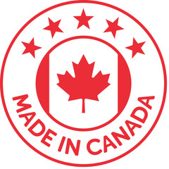 Made in Canada: Badge, label or icon symbolizing the quality and origin of the products from Canada. Total red. Light svg scalable vector for the web. High resolution.