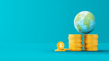 Currency Comparison of Dollar and Gold with Coins Stacked and Earth Globe as Background
