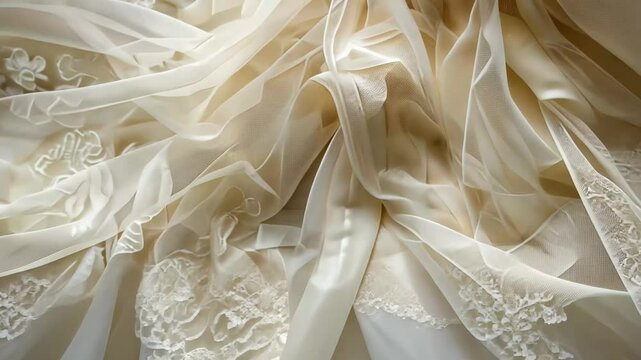 A beautiful arrangement of soft, sheer fabrics layered gracefully, featuring intricate floral embroidery in a light color, perfect for bridal dresses or fashion design inspiration.